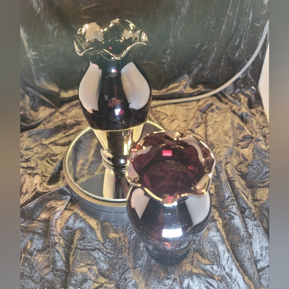 0857. Pair of Elegant ~ Vintage Black Amethyst ~ 5" Glass Vases